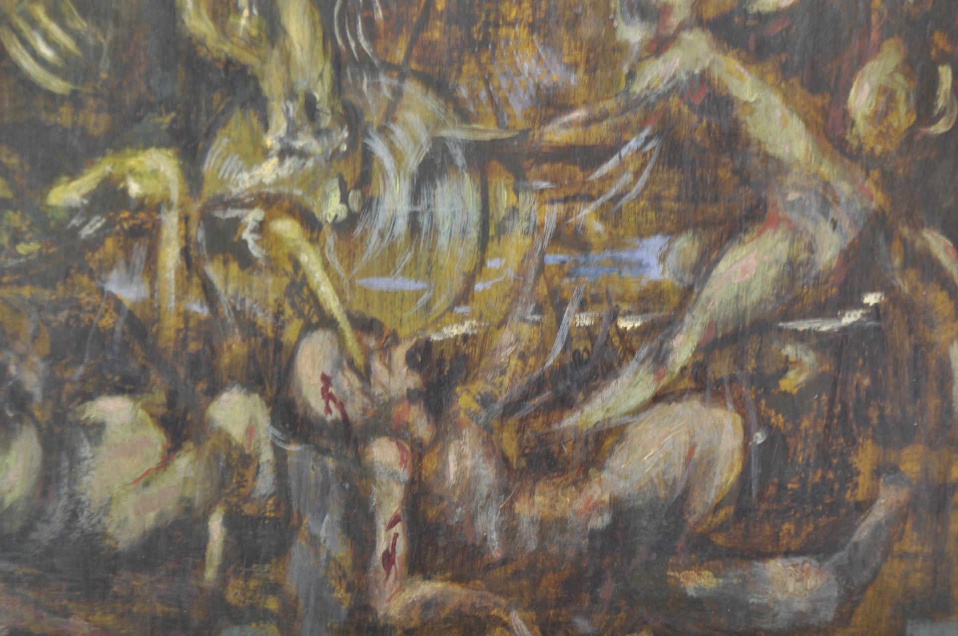 20TH CENTURY OIL ON BOARD EXPRESSIONAL BATTLE SCENE PAINTING - Image 3 of 5