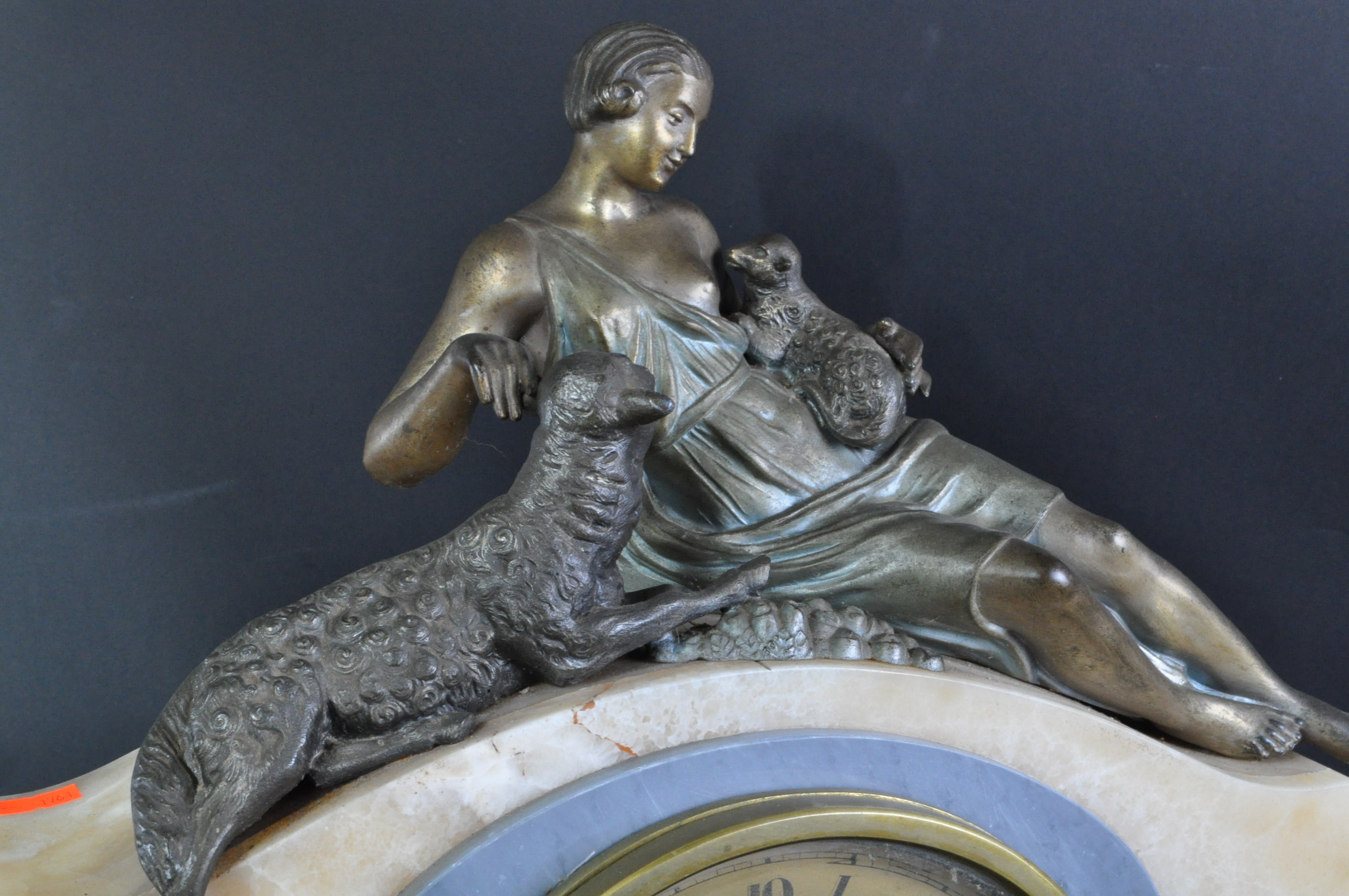 FRENCH ART DECO SPELTER AND MARBLE MANTEL CLOCK - Image 3 of 5