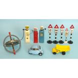Britains Road Series Petrol Pumps, (3), a 'Spot-On' BMW Isetta, five road signs and other items.