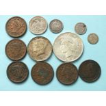 USA, a collection of coins: a 1783 Washington Independence token, an 1853 three-cents, an 1855 one-