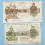 A Bank of England Warren Fisher one-pound note P/57 040349, wear to the top edge and a similar ten-