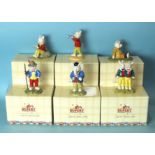 Six Royal Doulton Rupert figurines: 'Looking Like Robin Hood', 'Pretending To Be An Outlaw', 'Reggie