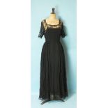A vintage black silk chiffon and lace evening dress with silk slip, size UK12 approximately, a black