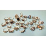 Thirty silver rings, various designs, set marcasite with coloured stones, all marked Silver, gross