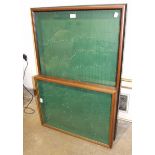 A wood framed table top display cabinet with a hinged glazed top, 65 x 94cm and a similar smaller