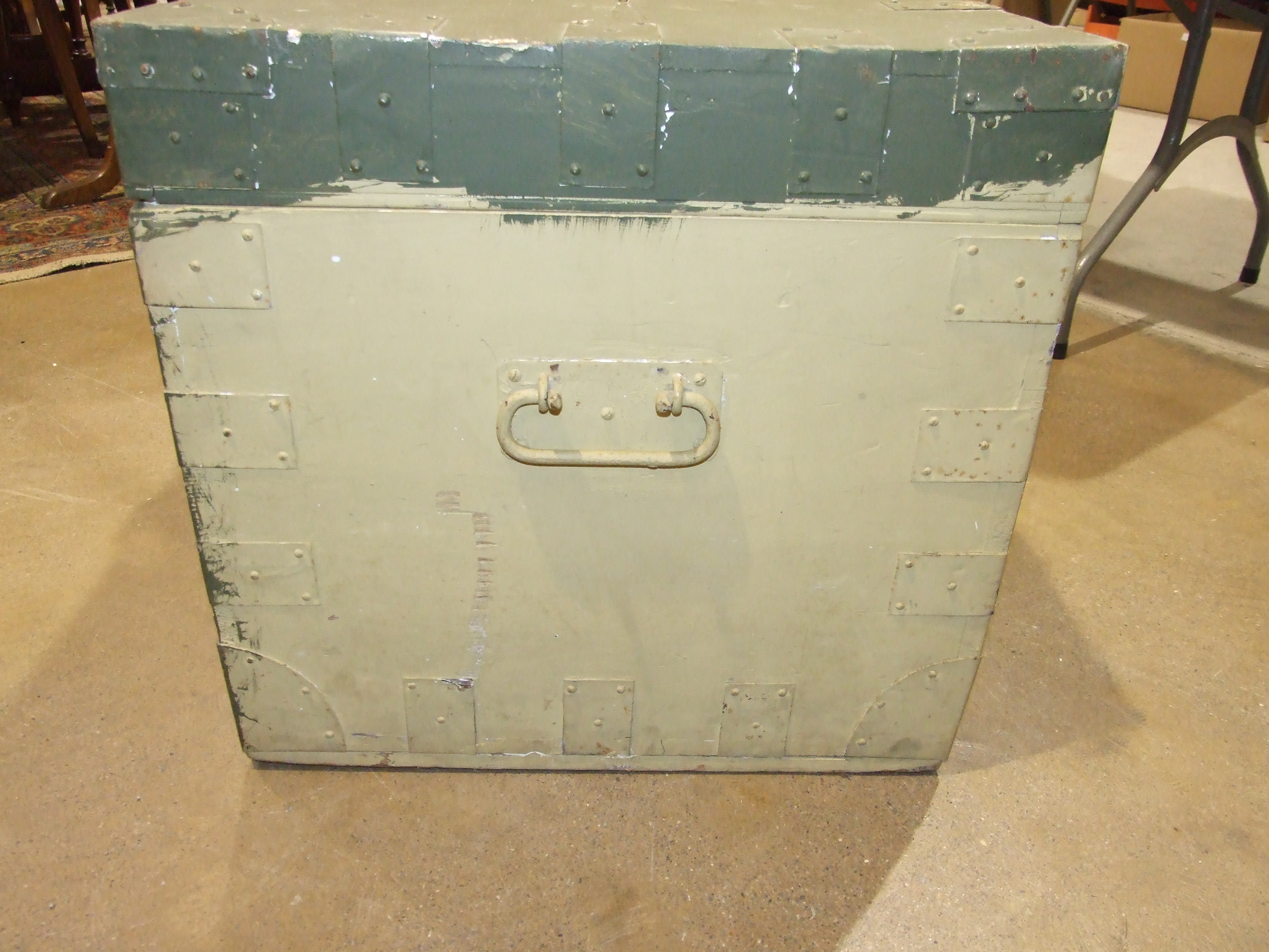 An early 20th century metal bound painted wooden chest with tin lining, 98cm wide, (split to lid). - Image 3 of 4