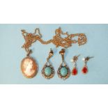 A pair of 9ct gold turquoise set earrings, another pair of earrings and a 9ct gold mounted cameo