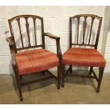 Six 19th century Hepplewhite-style mahogany dining chairs with upholstered seats, including one