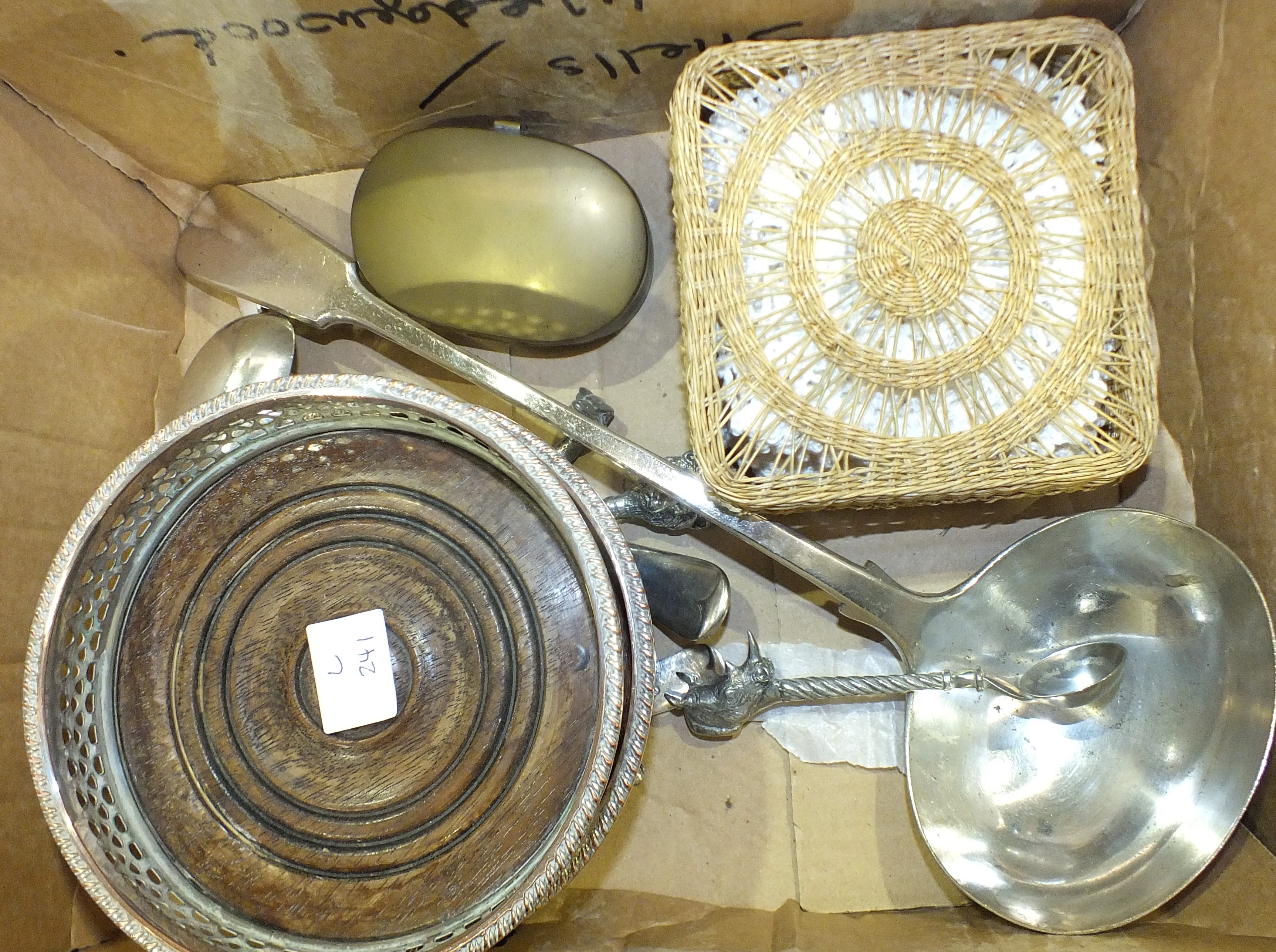 A pair of plated coasters, a pair of brass candle sticks, a door stop, a Gemstone egg box containing - Image 3 of 4