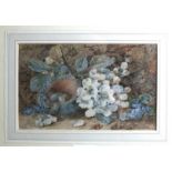 Vincent Clare (1855-1930) STILL LIFE, EGGS IN A NEST AMONGST FLOWERS ON A BANK Signed watercolour,