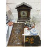A stained and carved wood striking mantel clock of architectural form (af), 39cm high, an oak