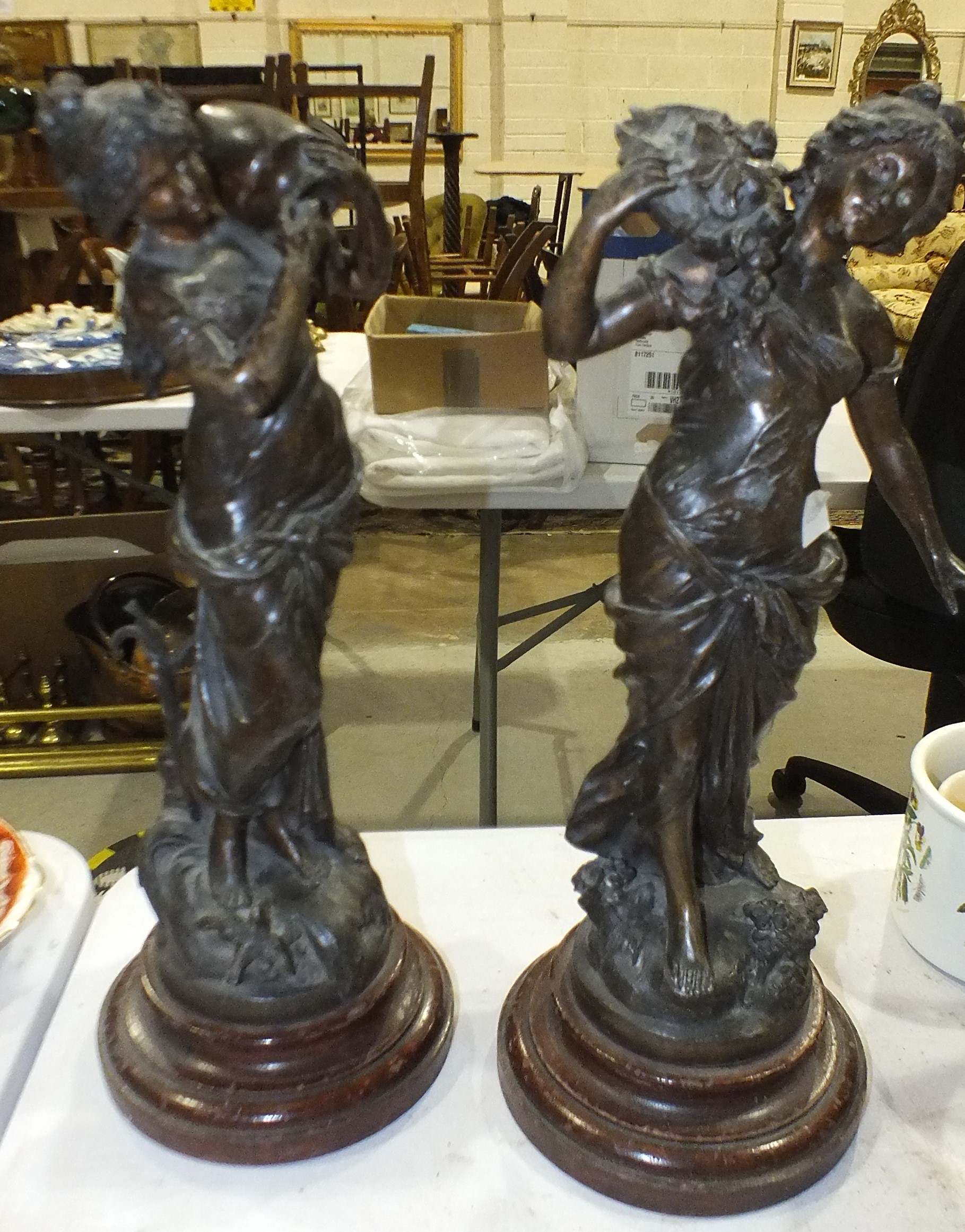 A pair of spelter female figures after L & F Moreau on wooden bases, 44cm high overall, an - Image 4 of 4