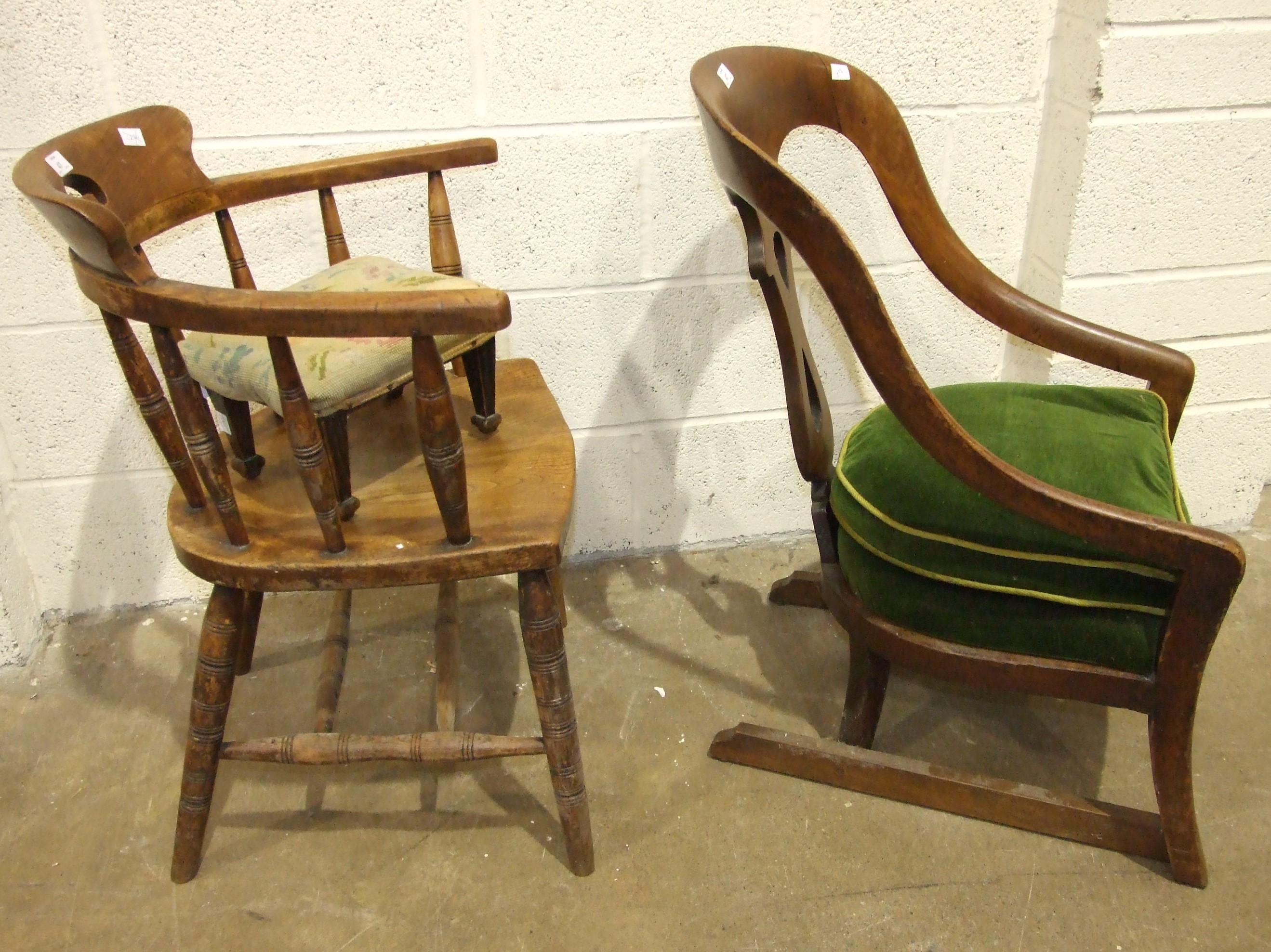 An elm seated spindle-back office armchair, a mahogany framed armchair with upholstered seat on - Image 2 of 2