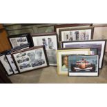 Seventeen framed coloured prints of F1 cars and drivers, 12 by Stuart McIntyre, 5 by Graham Bosworth