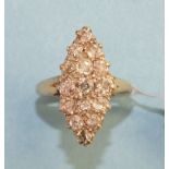 A late-Victorian diamond-set marquise cluster ring, claw-set fifteen graduated old brilliant-cut