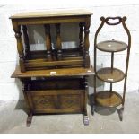 An oak magazine rack/table, a nest of oak tables and a mahogany folding cake stand. (3).
