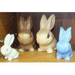 Two SylvaC Pottery rabbits, marked 1026, (one brown, one beige), a smaller blue glazed rabbit marked