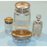 A square glass dressing table bottle of ribbed form with stopper and silver cover, Birmingham