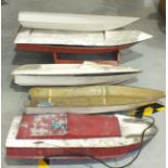 Five wood and fibreglass model power boats, largest 108cm, all in disrepair, (5).