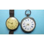 A WWI silver-cased trench watch, with enamel dial and subsidiary dial, wire lugs, Swiss movement (