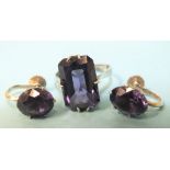 A pair of synthetic purple sapphire earrings in white metal mounts, marked 9k and a similar ring, (