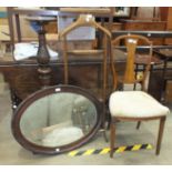 A stained wood torchère, an inlaid mahogany duet stool, a walnut dining chair, an inlaid piano