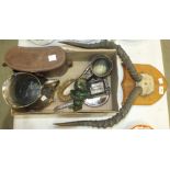 A pair of Yashica 7x50 binoculars in case, a modern silver-backed hand mirror, hair brush and