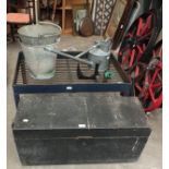 An iron milk churn stand, 25 x 94cm, a galvanised watering can, two buckets and other items.