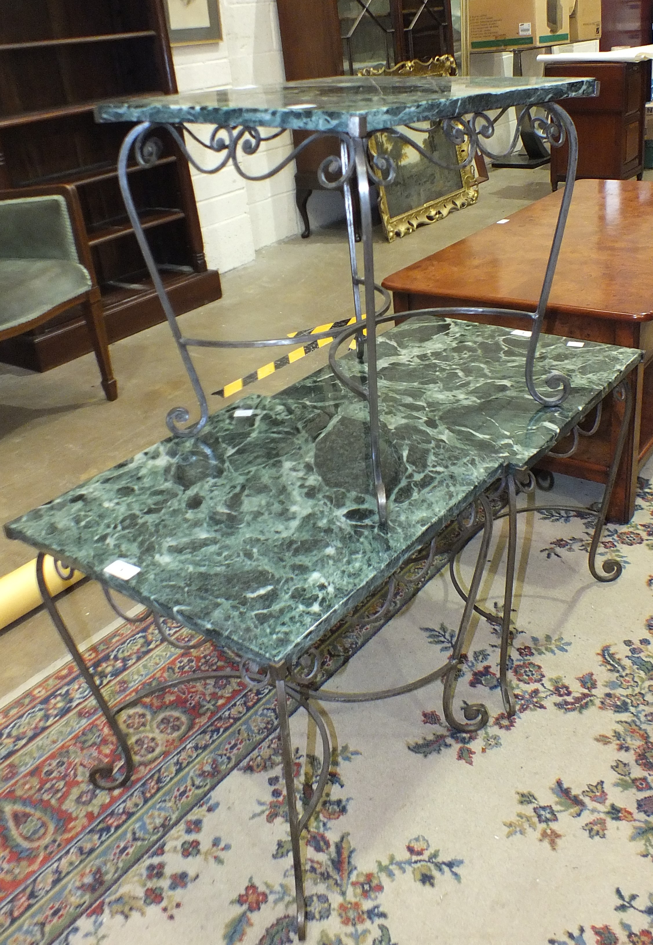 Three 20th century onyx-top wrought iron-framed occasional tables, 45cm square, (3).