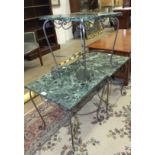 Three 20th century onyx-top wrought iron-framed occasional tables, 45cm square, (3).