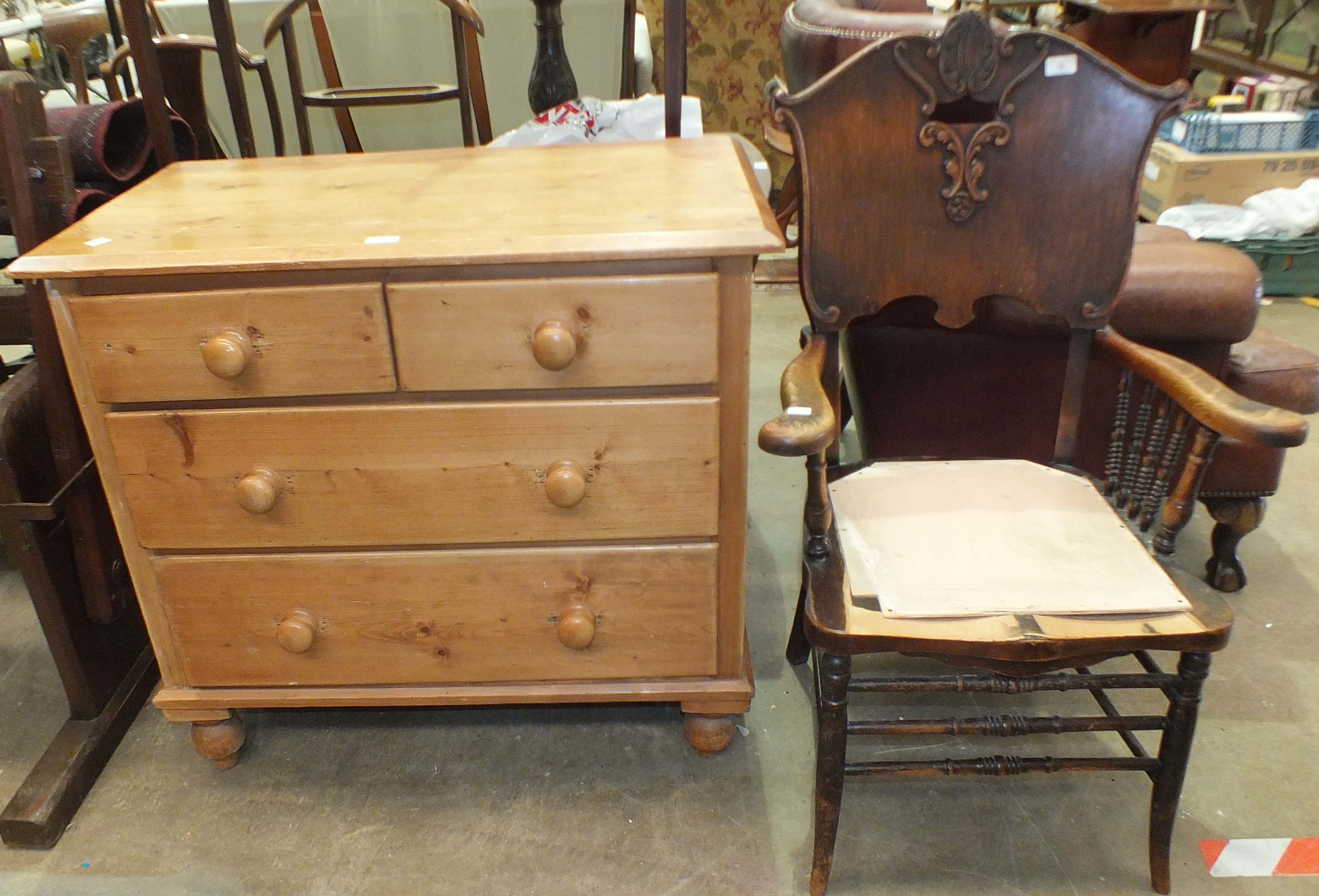 A pine chest of two short and two long drawers, 93cm wide, 85cm high and a bentwood and oak