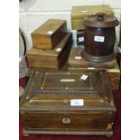 A walnut work box with inlaid mother-of-pearl decoration, 30cm wide, 15cm high, 22cm deep, six other