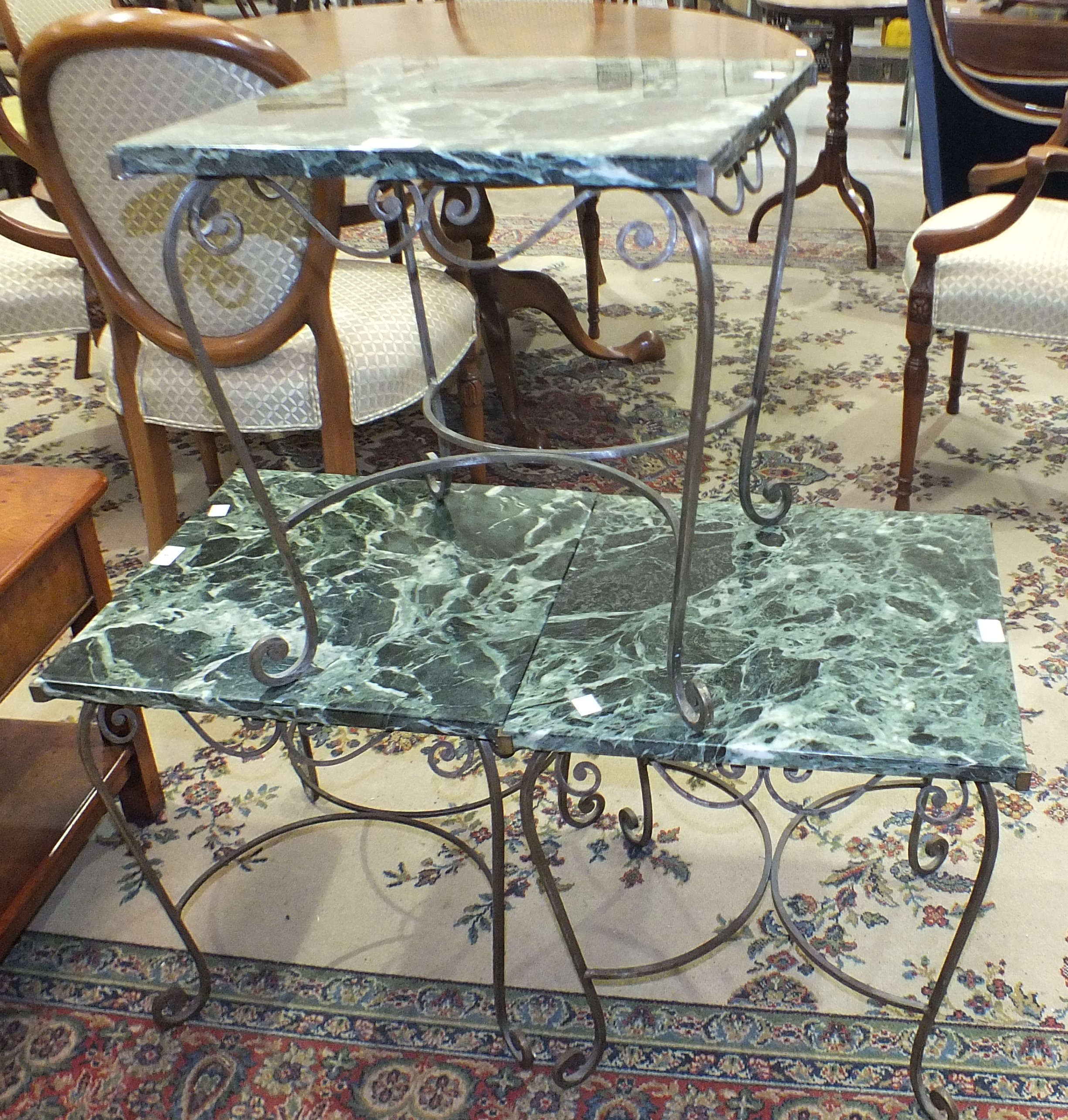 Three 20th century onyx-top wrought iron-framed occasional tables, 45cm square, (3). - Image 2 of 3