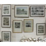 Three coloured engravings depicting 'The University Boat Race', four others, including 'Bumping', '