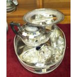 A plated oval galleried tray, a plated tazza and other plated ware.