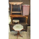 A 20th century oak blanket box, two modern occasional tables, a Lloyd Loom box, a rustic pine