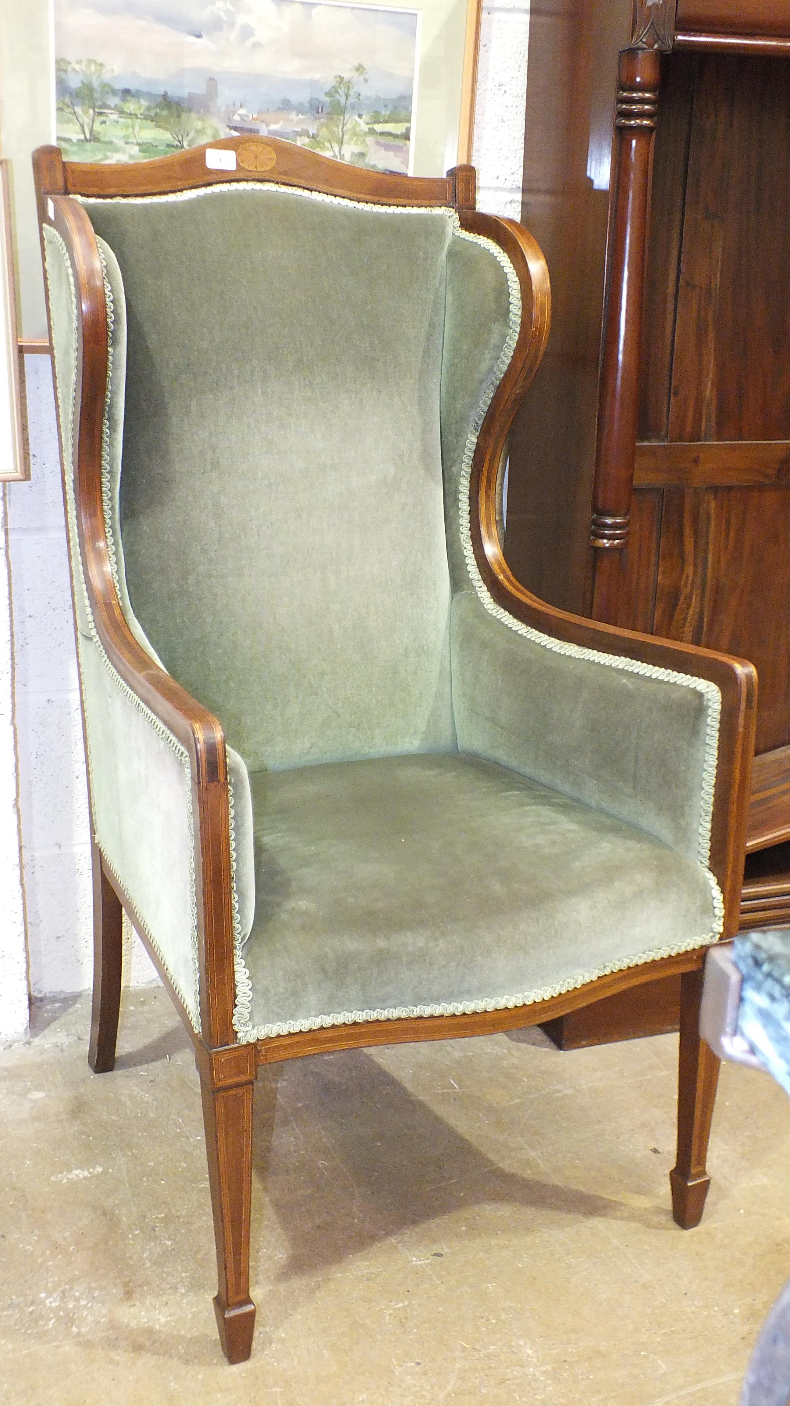 An Edwardian mahogany-framed upholstered salon chair with high back, on square tapered legs and a - Image 2 of 4