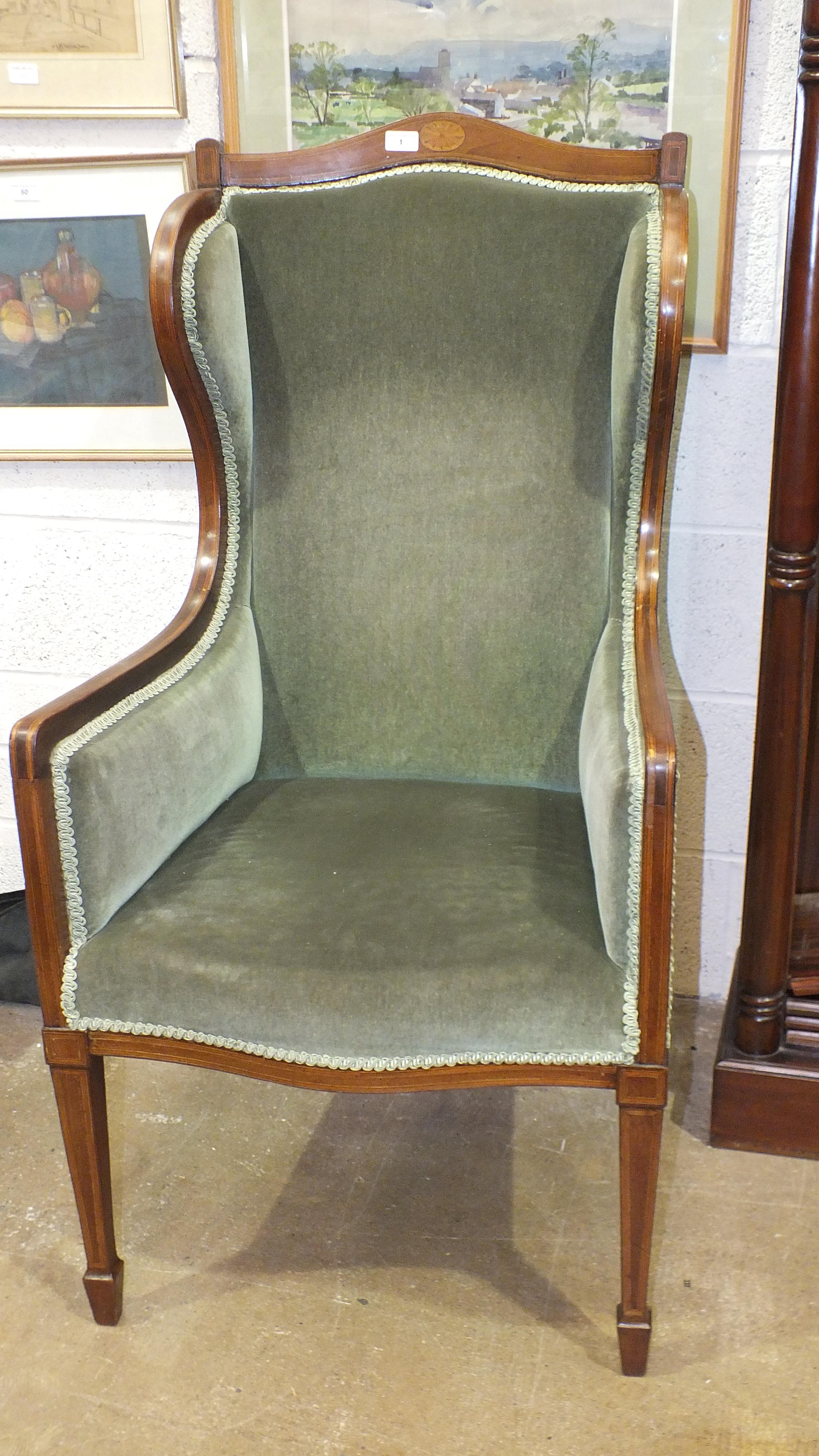 An Edwardian mahogany-framed upholstered salon chair with high back, on square tapered legs and a - Image 4 of 4