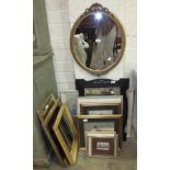 A quantity of pictures and prints, a gilt-framed oval mirror and three other mirrors.