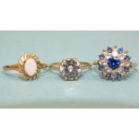 A 9ct gold ring set opal, size O and two 9ct gold rings set synthetic stones, sizes M and O, total