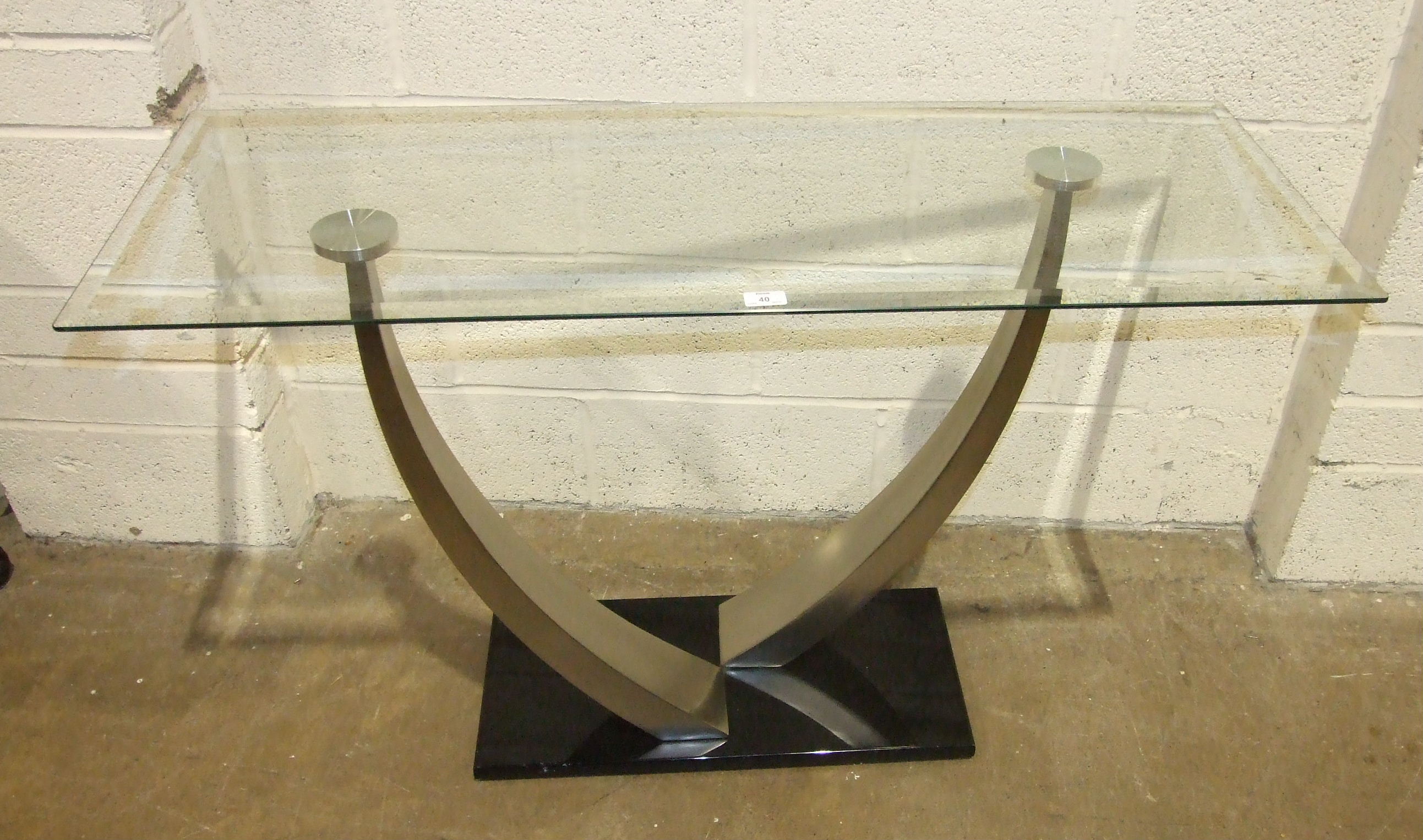 A modern aluminium and plate glass hall table, the top 123 x 46cm, 77cm high and two Victorian