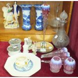 A pair of Wedgwood blue and white 'Fallow Deer' flared vases, 22cm high, two Prattware pot lids, '