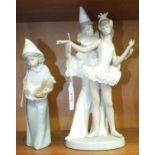 A Lladro figure group 'Clown with Ballerina', 26.5cm high and another of a young girl carrying a