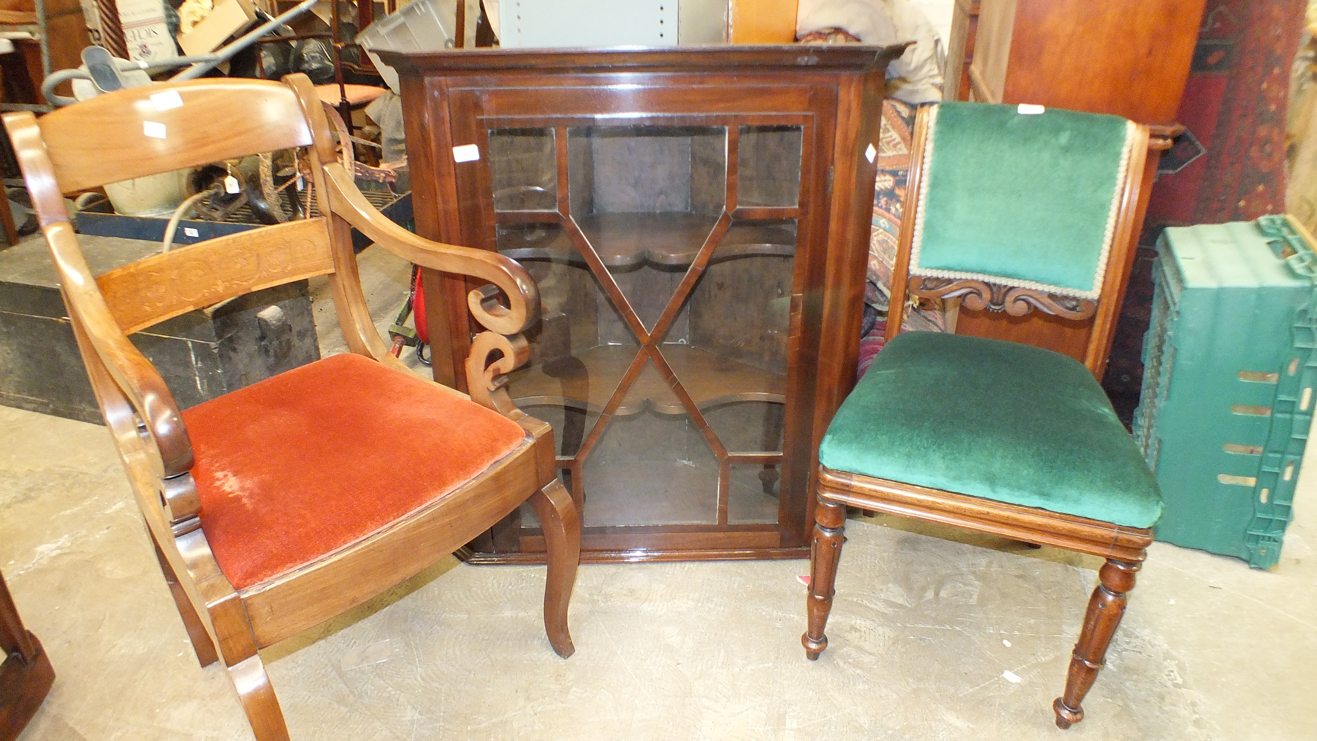 A Victorian mahogany carver chair with drop-in seat, three Victorian dining chairs and a Georgian