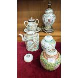 A famille rose ginger jar, a Canton teapot and cover and other items.