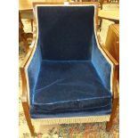 An Edwardian mahogany-framed upholstered salon chair with high back, on square tapered legs and a