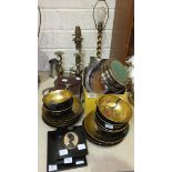 A copper warming pan with turned wood handle, an onyx and brass table lamp, a small quantity of