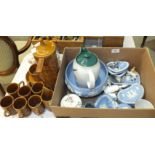 A fifteen-piece Portmeirion 'Totem' brown-glazed coffee set, ten pieces of blue and white