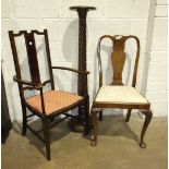 A mahogany spiral-carved torchère, a walnut dining chair, an inlaid bedroom chair, a reproduction