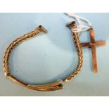 A 9ct gold watch bracelet of chevron links, 10g and a 9ct gold cross pendant, 0.7g, (2).